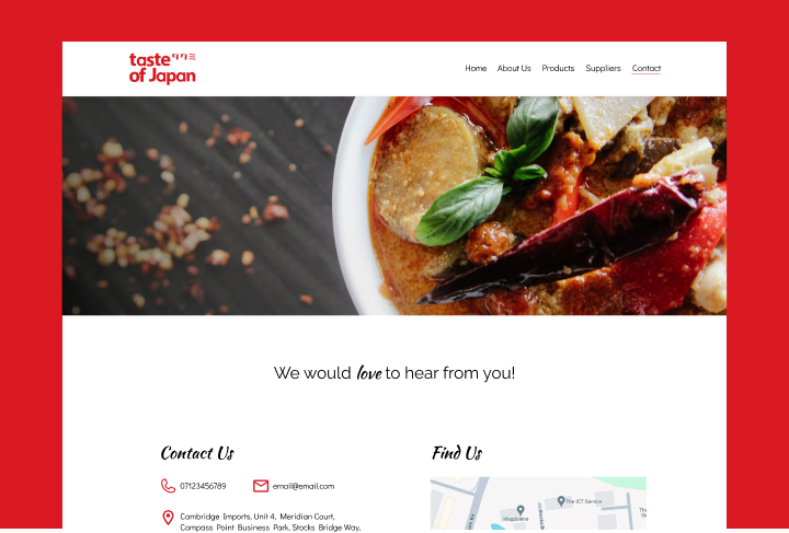 A screenshot of the Taste of Japan website on a red background.