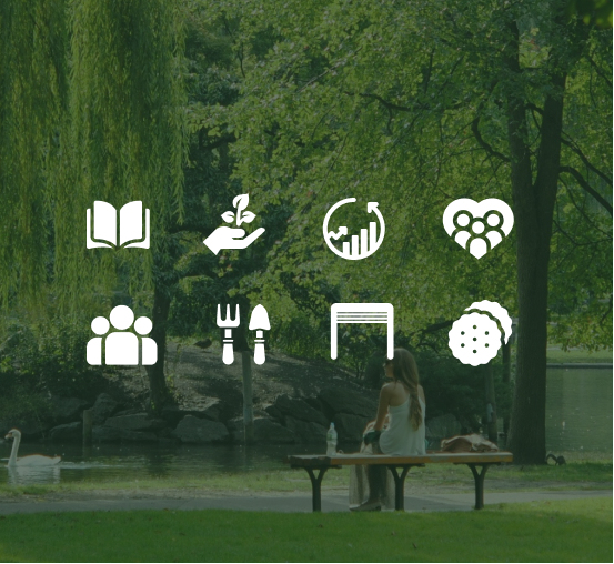 A mix of icons overlayed on an image of someone sitting on a bench.